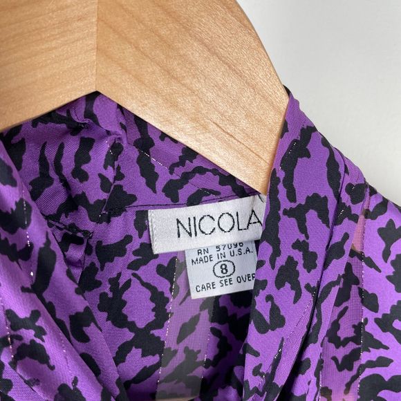 Vintage Nicola Animal Print Purple Black Turtleneck Blouse Top Pleated Size 8 - Picture 7 of 7